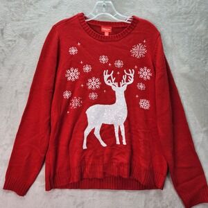 Holiday Lane Womens Large Red Sequin Reindeer Snowflake Ugly Christmas Sweater